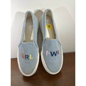 Keds Womens‎ Sz 5 Light Blue Denim￼ Canvas Slip On Shoes “GRL PWR” Embroidered